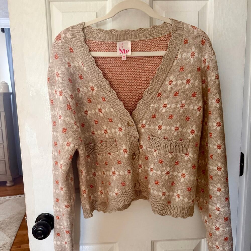 Tan Cropped Floral Cardigan Sweater Medium